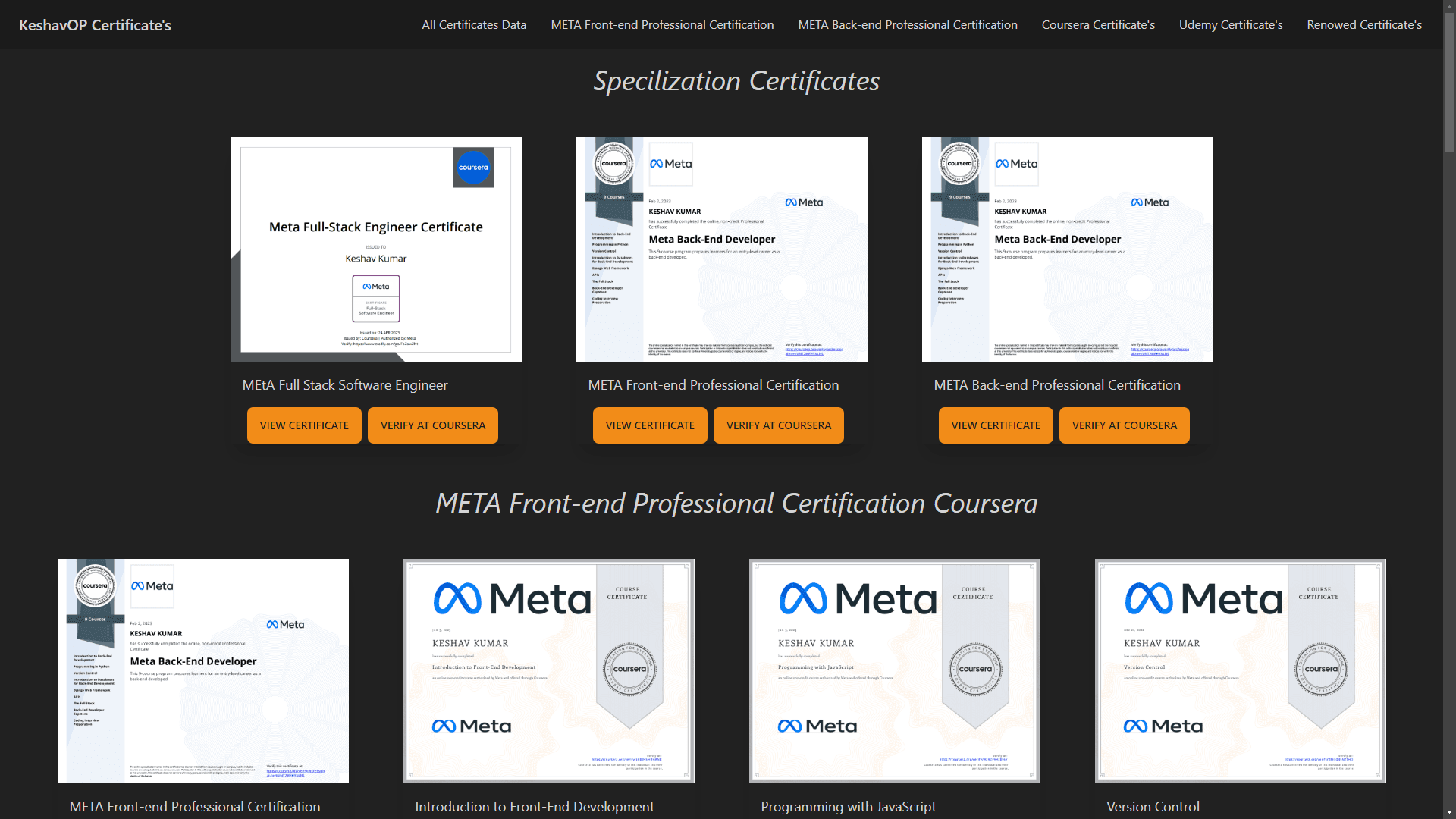 Certificate Website interface