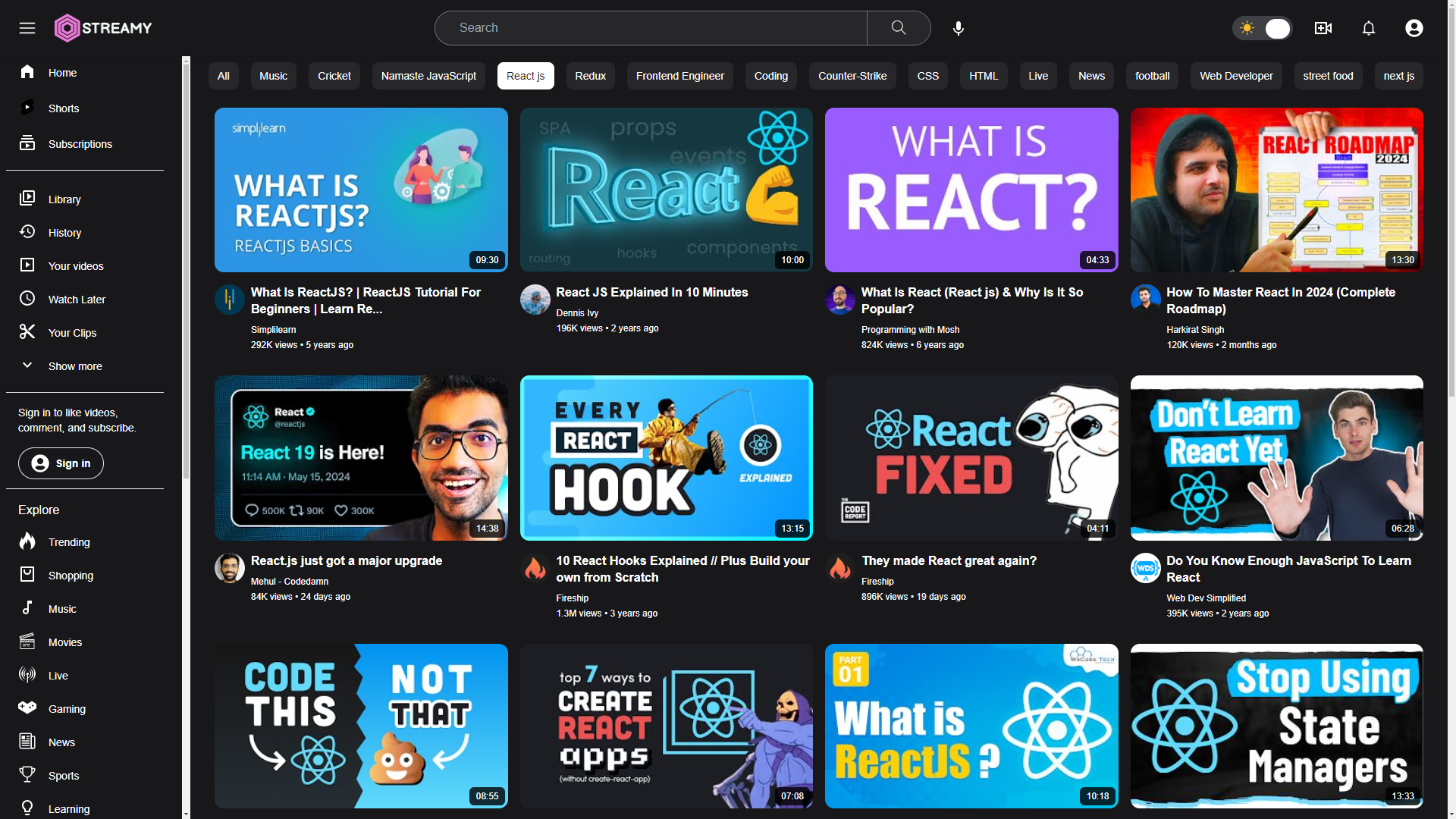 Streamy ~ Youtube Clone interface